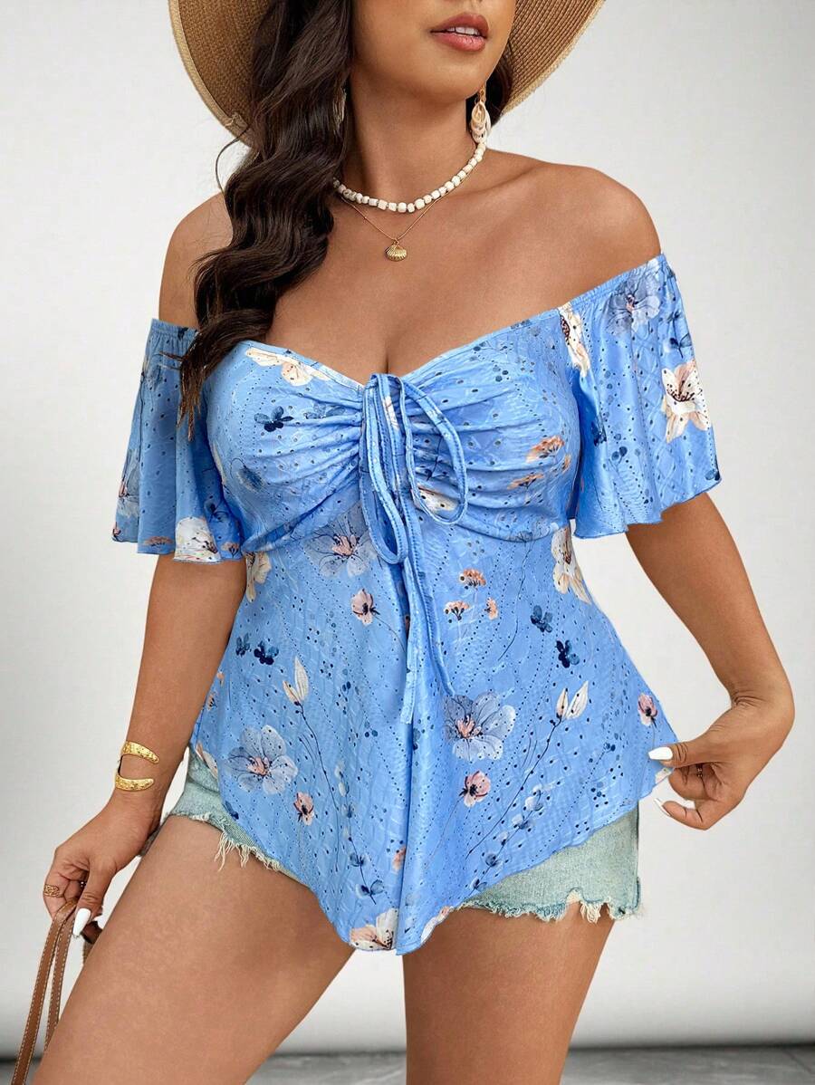 SHEIN VCAY Plus 露肩前抽绳 T 恤