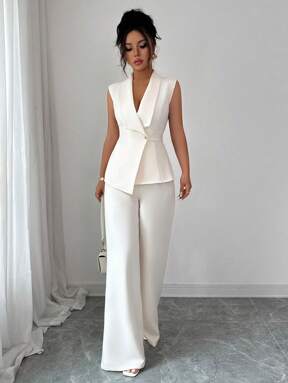 Elenzga Damen elegantes Büro/Pendler/Afternoon Tea Party asymmetrischer Saum ärmellose Blazer Jacke & dehnbarer Bund Hose 2-teiliges Hosenanzug Set, Frühling/Sommer
