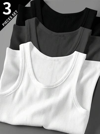 Manfinity Sport Corelite 3 件男士纯色圆领休闲运动背心健身上衣背心套装基本款 T 恤篮球球衣男士连帽衫健身上衣白色背心透气