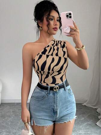 Elenzga Summer New Arrival Women Top With Sexy Asymmetrical Neck, Ruffle & Asymmetrical Geometric Print