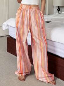 DAZY 条纹直筒宽松抽绳休闲女式睡裤，秋季睡衣 - 粉色 - 查看 6