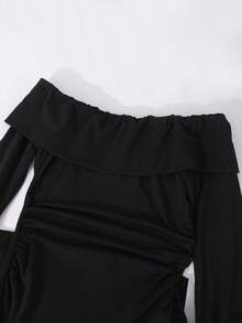 SHEIN Explorewe 适合少女的优雅纯色褶皱露肩喇叭袖连衣裙 - 黑色 - 查看 4