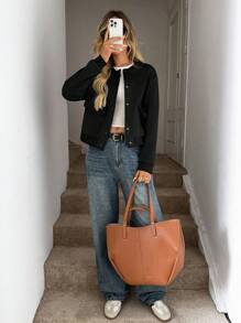 Easowa Black Plush Warm Baseball Collar Jacket With Large Pockets In Fall/Winter - Black - View 7