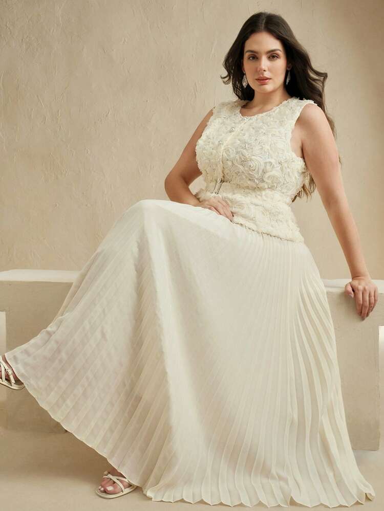 Elegant Round Neck Sleeveless Hollow Flower Patchwork Cinched Waist Waist Pleated Dress For Women