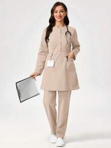 TaskEZ Conjunto de uniforme de scrub de unicolor con camisa de manga larga con bolsillo y pantalón de largo completo - Caqui - Ver 5