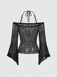 ROMWE Fairycore Suéter de punto holgado con decoración de cuentas de madera con diseño perforado, versátil, estilo Vintage Y2K