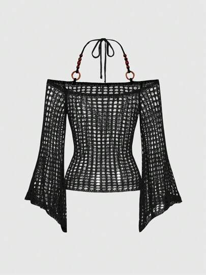 Fairycore Y2K Vintage Perforated Design Wood Bead Decor Loose Knit Sweater, Versatile