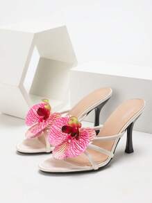 CUCCOO SZL 白色花卉装饰高跟凉鞋，时尚，适合度假、派对 - 米色 - 查看 2