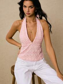 Poéselle 女士性感纯色提花露背系带吊带背心夏季上衣