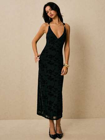 Poéselle Women Floral Pattern Deep V-Neck Sexy Fitted Long Dress,Dresses For Women Elegant,Casual Dresses For Woman,Vintage,Black Formal Dress Women,Classy Outfits For Women,Old Money Dress,Fall Women Clothes