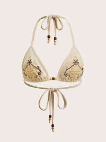 Amplova Triangle Cup Beaded Embroidered Boho Vacation Style Top Apricot Velvet Triangle Bikini Top - Apricot - View 1