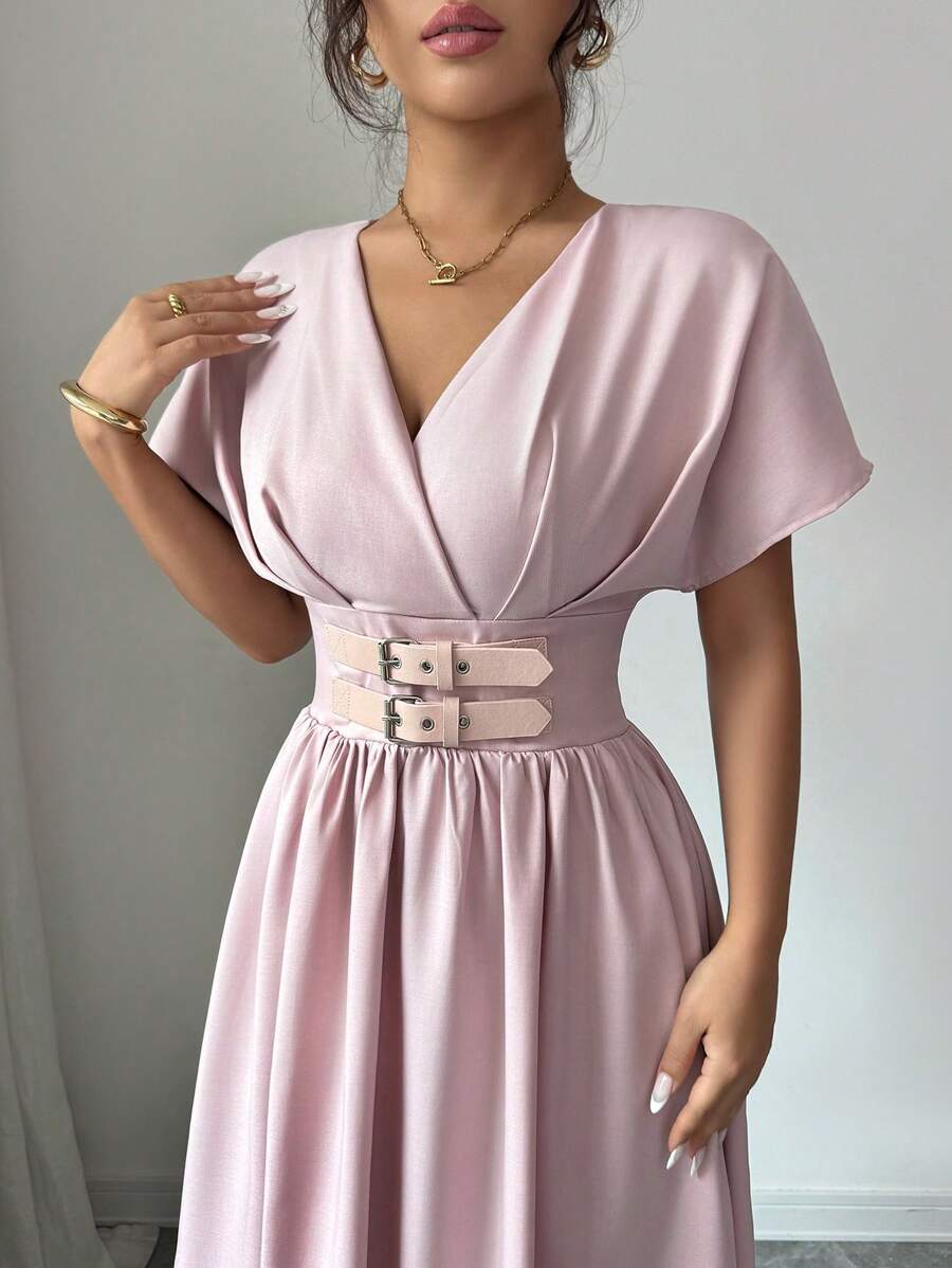 Modelyn Đầm midi tay ngắn cổ chữ V màu trơn thanh lịch cho nữ - Hồng - Xem 1