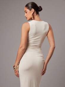 Silquee 女士纯色倒T领收腰褶饰宽肩带修身无袖优雅弹力针织双层回力设计高端连衣裙，女士教师装，女士机场装，女士生日装， - 米色 - 查看 5