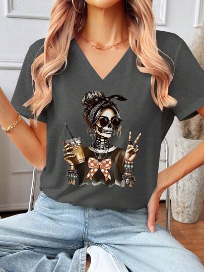 Women's V-Neck Short Sleeve Skull Girl Graphic T-Shirt Casual Tops, Summer