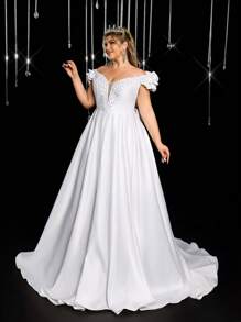 Glamrae Vestido de novia de línea A con escote en V profundo, manga de nubes con volantes, decorado con cristales y parches, con cola, elegante y romántico, para tallas grandes - Blanco - Ver 3
