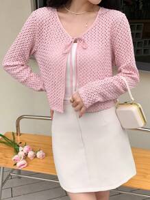 DAZY 纯色系带前短款上衣 长袖 女式上衣 - 粉色 - 查看 7