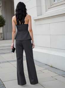 INAWLY 2pcs/Set Women's Solid Front-Button Tube Top & Pocket Decorated Pants Elegant Outfit