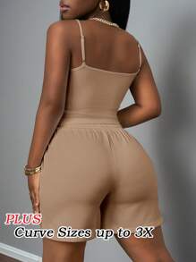 Slaydiva Bộ đồ thể thao cơ bản thường ngày mùa xuân hè mới, áo gile cổ chữ U có dây đeo + quần dài đến đầu gối với họa tiết răng cưa, quần nỉ trang trí màu trắng dành cho nữ, bộ hai mảnh cỡ lớn, bộ quần short hai mảnh cỡ lớn, trang phục mùa hè cỡ lớn cho nữ, bộ quần short màu be hai mảnh, trang phục quần short hai mảnh. - Màu Khaki - Xem 2