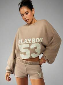 Missguided x Playboy 大学运动短款运动衫，超大袖子，休闲运动，秋冬运动街头风格 - 灰色 - 查看 1