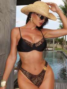 Swim SXY 女士夏季沙滩度假泳衣套装，时尚性感数码印花豹纹拼接上衣和豹纹短裤，欧美风