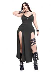 Whyspr Plus Size Punk Style High Slit Sleeveless Half Sleeve Jumpsuit Dress - Dark Grey - View 1