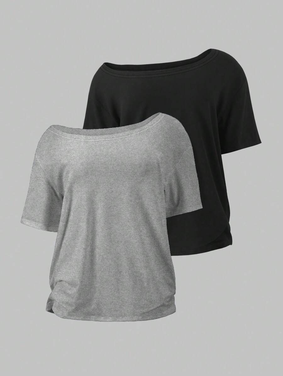 Flirla 2pcs/Set Oblique Shoulder Loose T-Shirt,Asymmetric Shoulder Off-Shoulder T-Shirt, Plus Size Women's Top - Multicolor - View 1