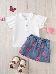 SHEIN 2 Pieces Young Girl Summer Back-To-School Clothes Set,Light Pink Heart Print Denim Skirt And White Shirt,Casual Comfortable School Kindergarten Outfit - White - View 8