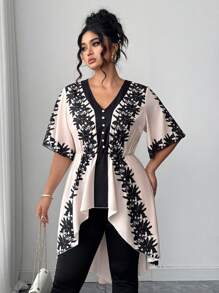 Elenzga Bộ đồ vest nữ cỡ lớn cổ chữ V tay ngắn cài nút phía trước in họa tiết & quần cạp cao co giãn, thanh lịch và chuyên nghiệp, mùa xuân/hè - màu đen - Xem 7