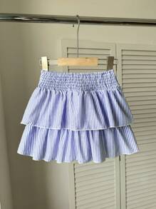 Genkimix Kids Falda casual de verano con estampado de rayas, cintura con cordón y volantes escalonados para niña