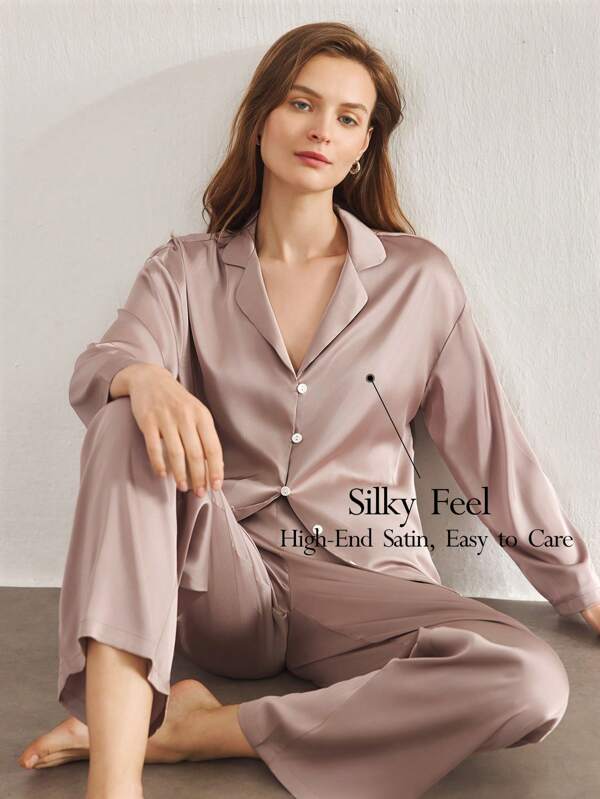 Ocili Ocili Leisure Women's Satin Silky Loose Long Sleeve Pajama Set
