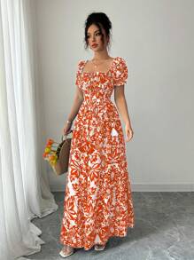 Elenzga New Women's Floral Print Bubble Sleeve Front Tie Back Drawstring Waist Long Casual Vacation Date Dress, Elegant And Graceful - Orange - View 4
