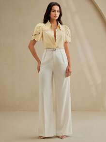 Anewsta 女士花卉蕾丝镂空刺绣优雅衬衫上衣，现代办公室通勤装，夏季 - 黃色 - 查看 6