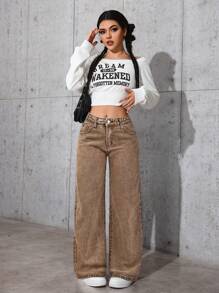 SHEIN PETITE 女式口袋设计宽腿宽松休闲百搭牛仔裤