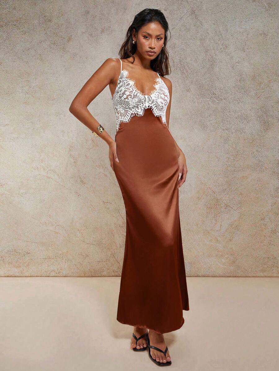 COSMINA Vestido de tirantes finos elegante con pespunte de encaje para mujer, de verano - Marrón - Ver 1