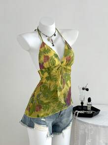 SHEIN Unity 女式花卉印花荷叶边挂脖休闲背心 - 彩色 - 查看 3