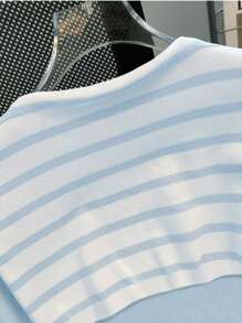 INAWLY 大码休闲简约拼色短袖T恤，适合日常通勤 - 藍色 - 查看 4