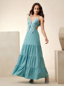 Anewsta Women's New Elegant Dignified V-Neck Waist Cinched Butterfly 3D Embroidery Spaghetti Strap Dress, Fresh Lake Blue Multi-Layer Ruffle Shoulder-Revealing Christmas Vibe Niche Delicate Slimming Dress - Blue - View 1