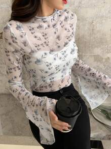 DAZY Floral Print Flounce Sleeve Mesh Top Without Cami Top Going Out Tops Sheer Long Sleeve Women Tops,Fall Women Clothes Turtleneck Women - Multicolor - View 4