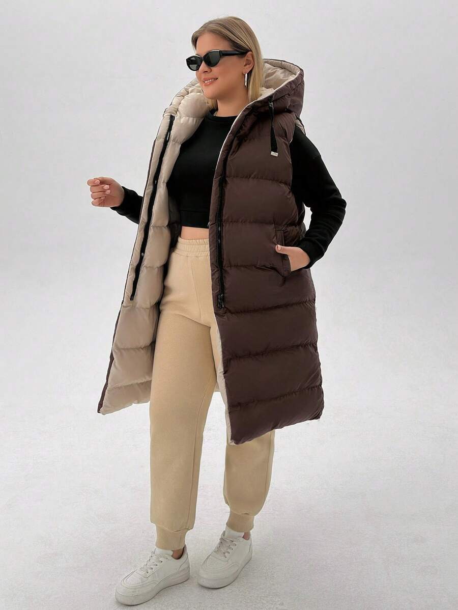 EURMUSE Plus Size Zip Up Drawstring Hooded Puffer Vest Coat, For Winter - Brown - View 1