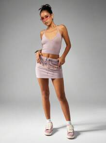 Missguided x Playboy Áo ba lỗ crop cami nhẹ cổ yếm Studio không tay mùa hè Athleisure - Màu tím - Xem 3