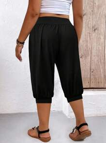 SHEIN CURVE+ Extra Plus Size Soft Solid Color Wide Leg Casual Lounge Capri Pants, High Waist, Comfortable & Loose, For Spring/Autumn