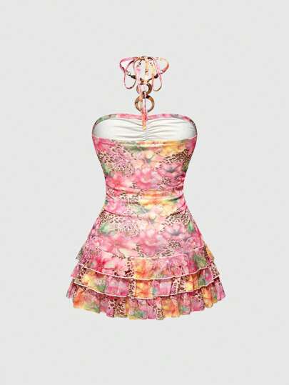 ROMWE Avant Vestido corto de red estilo patinador con estampado de hibisco y cocos, inspirado en el estilo Y2K hawaiano, para mujeres