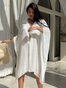 Swim Vcay 全新纯色短袖长款女士泳衣和服 - 白色 - 查看 1