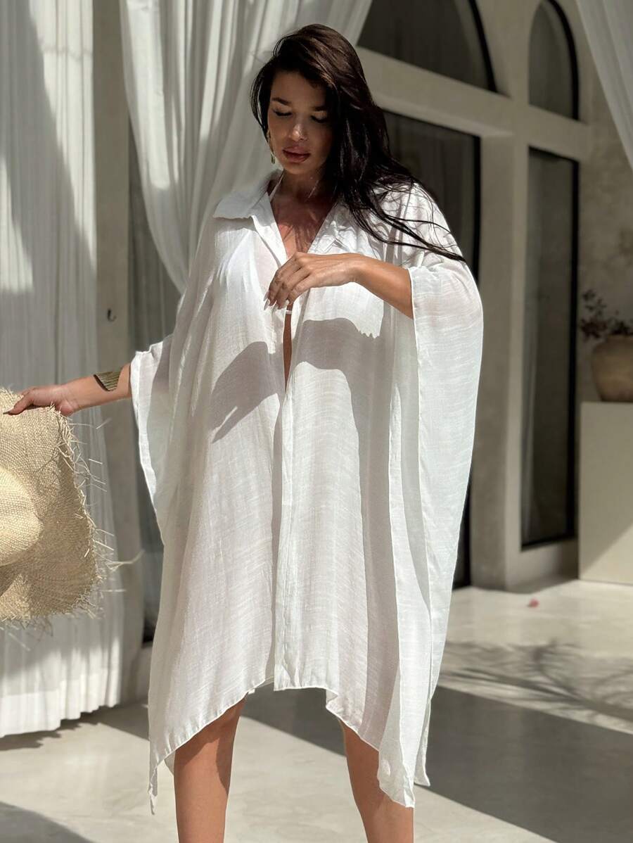 Swim Vcay 全新纯色短袖长款女士泳衣和服 - 白色 - 查看 1