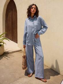 DAZY 2 piezas Conjunto casual de pantalón largo y camisa de manga larga de unicolor para mujer, primavera y verano