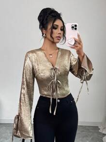 Rafferiza 纯色前系带V领优雅办公室长袖衬衫 - 金色 - 查看 3