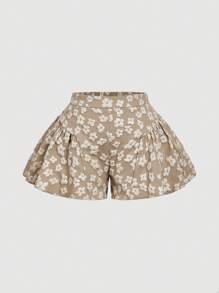 SHEIN MOD 卡其色提花结构喇叭褶皱大码短裤 - 卡其色 - 查看 1