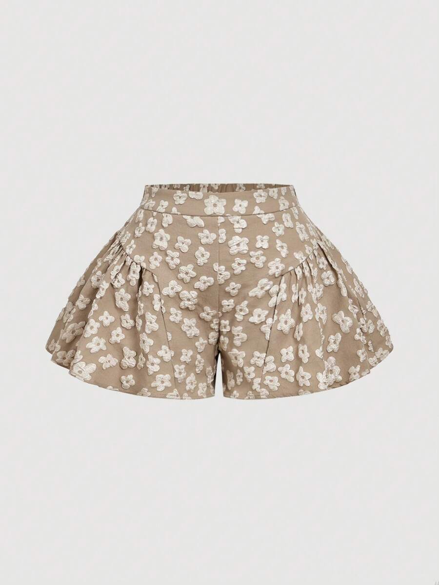 SHEIN MOD 卡其色提花结构喇叭褶皱大码短裤 - 卡其色 - 查看 1