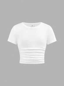 SHEIN 青少年女孩炫酷运动纯色短袖T恤和直筒运动裤套装 - 藏蓝色 - 查看 7