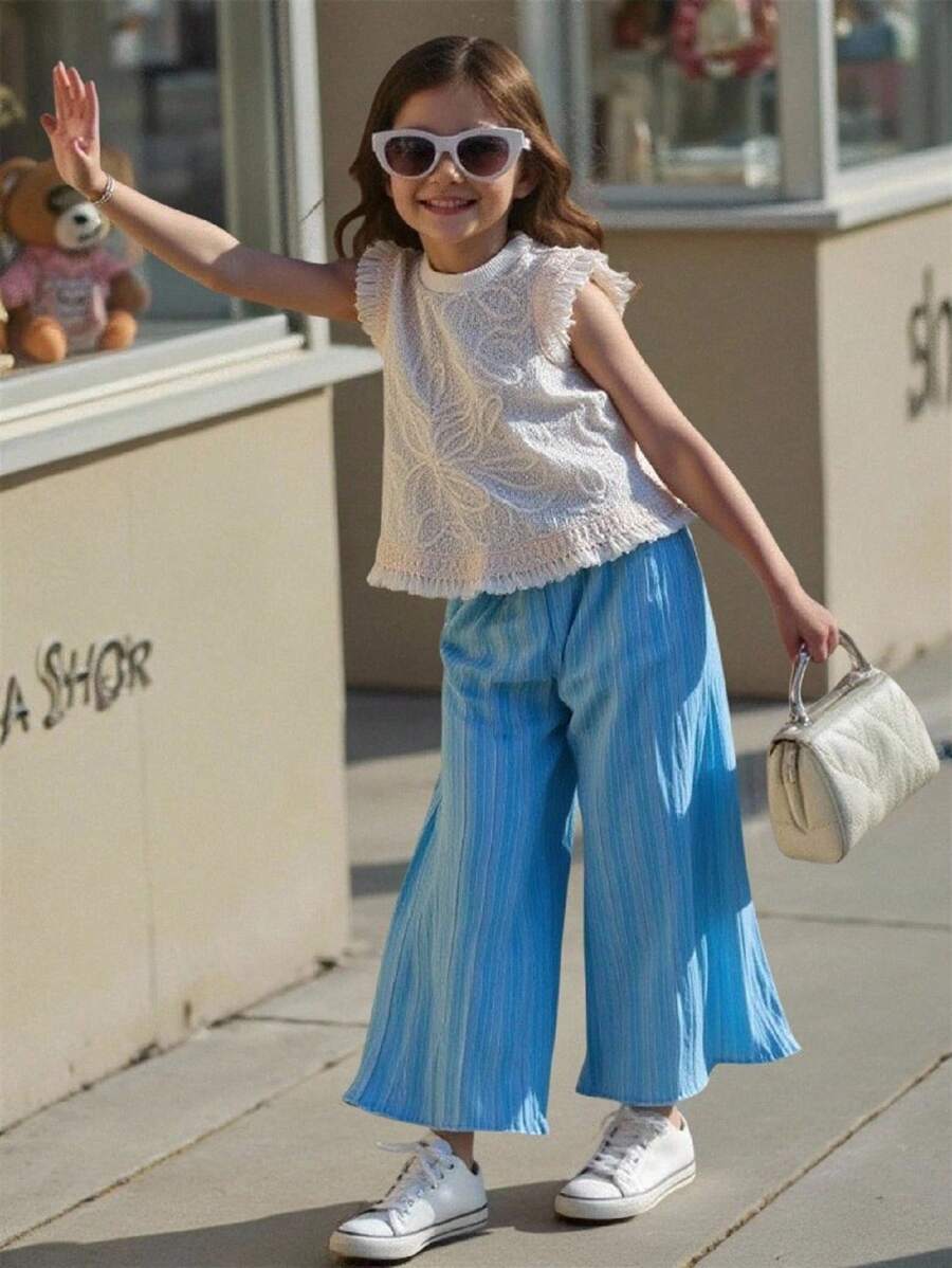 2件套少女图案钩针蕾丝花朵流苏背心上衣和冰丝褶皱阔腿裤夏季服装，度假，休闲，可爱 - 藍色 - 查看 1